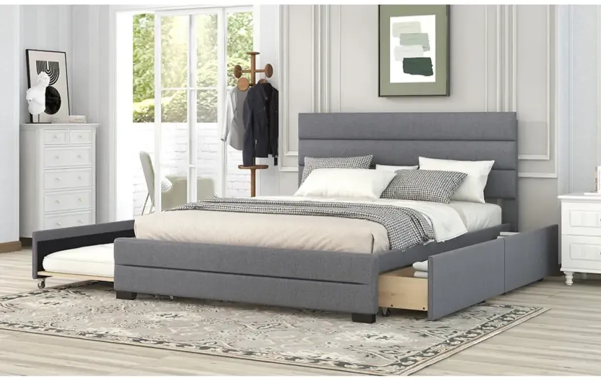 Queen Upholstered Platform Bed With Trundle And Two Drawers