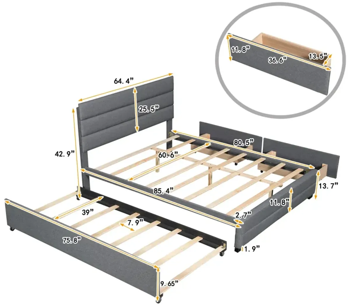 Queen Upholstered Platform Bed With Trundle And Two Drawers