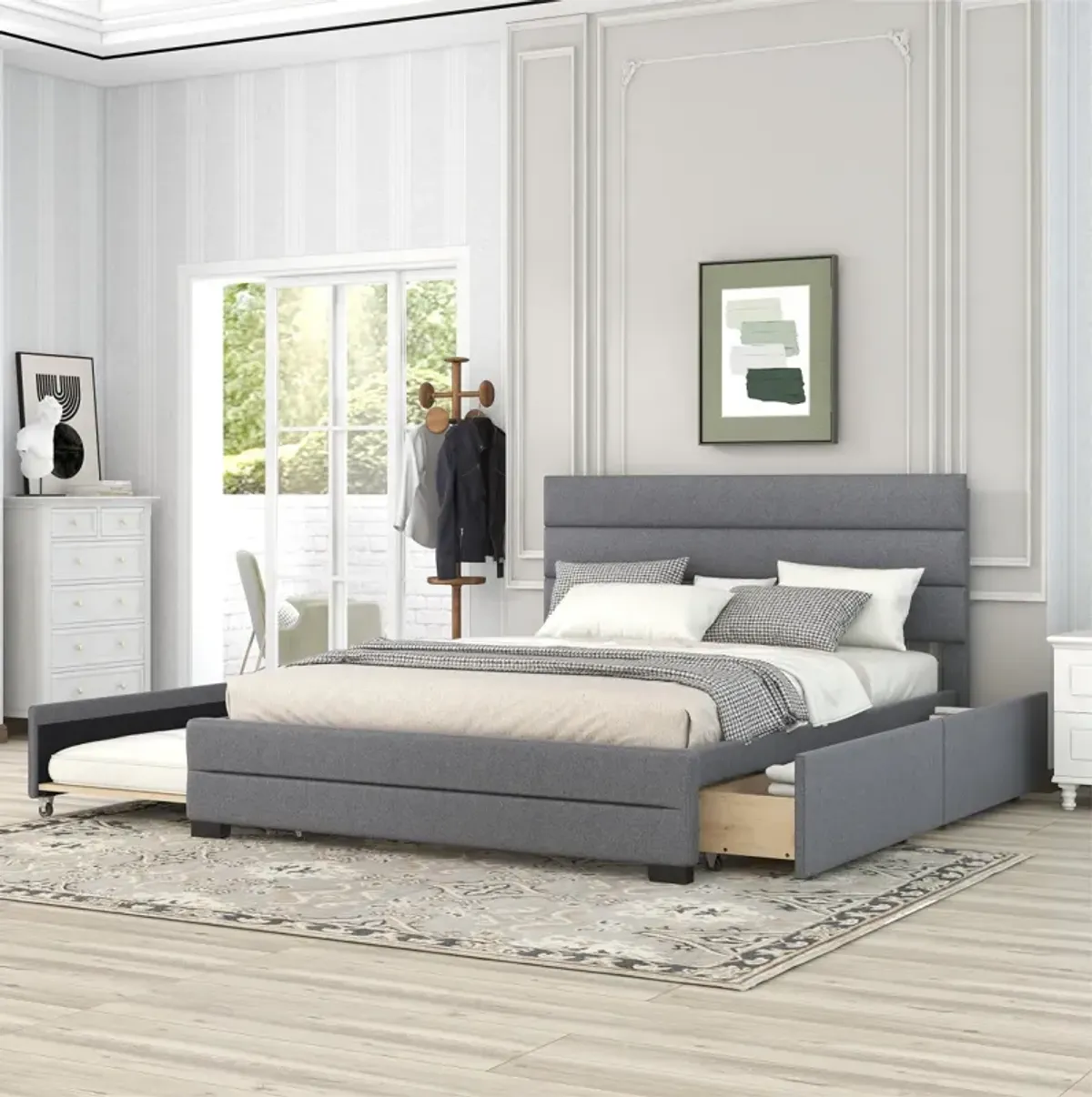 Queen Upholstered Platform Bed With Trundle And Two Drawers