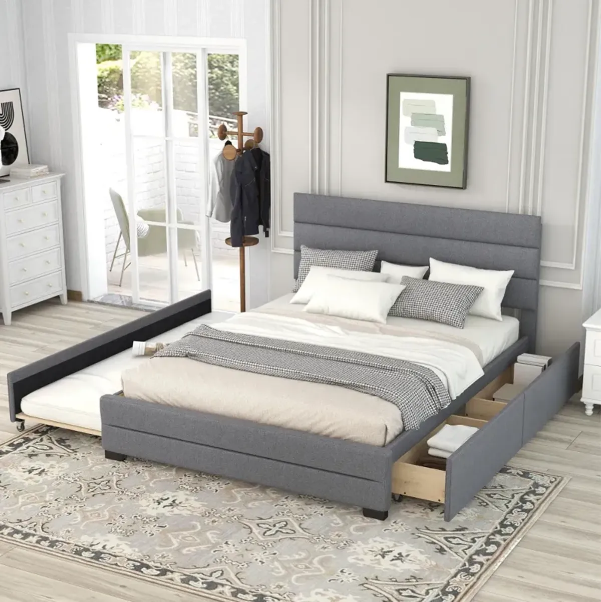 Queen Upholstered Platform Bed With Trundle And Two Drawers