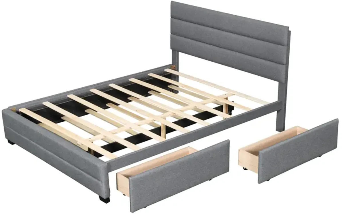 Queen Upholstered Platform Bed With Trundle And Two Drawers