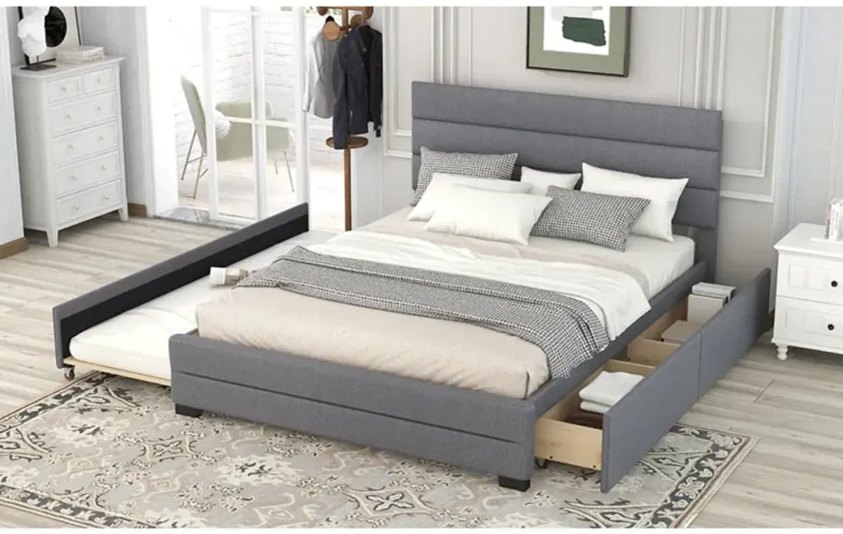 Queen Upholstered Platform Bed With Trundle And Two Drawers