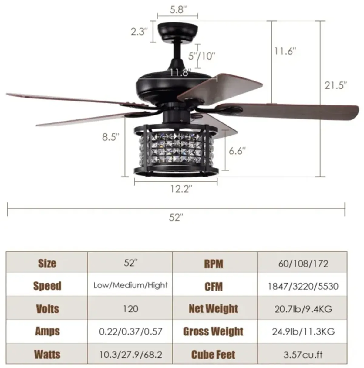 Hivvago 52 Inch 3-Speed Crystal Ceiling Fan Light with Remote Control-Black