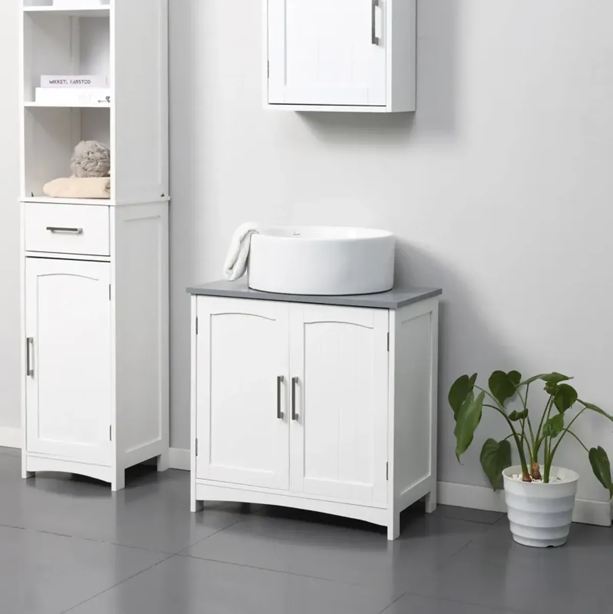 White Bathroom Storage: Pedestal Under Sink Cabinet with Double Doors