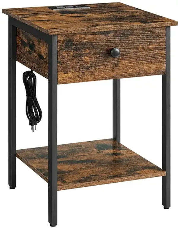 Nightstand with Charging Outlets and USB Ports - Side Table with Drawer and Open Shelf