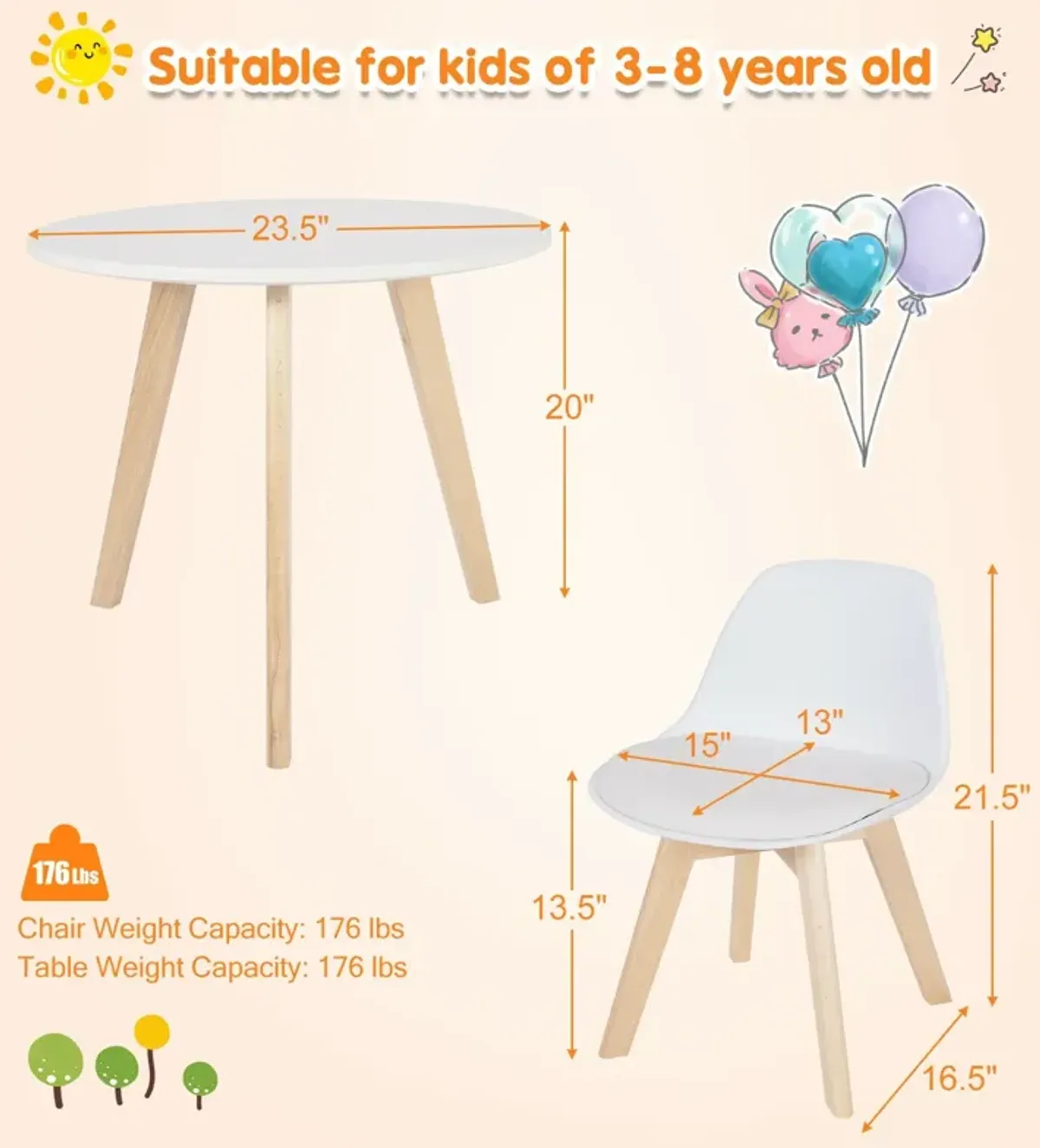 Modern Kids Activity Play Table and 2 Chairs Set with Beech Leg Cushion-White