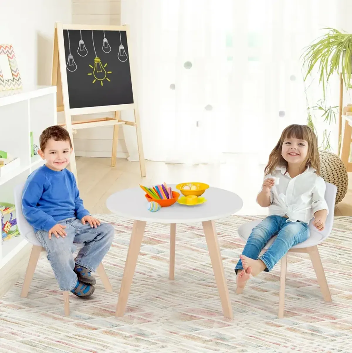 Modern Kids Activity Play Table and 2 Chairs Set with Beech Leg Cushion-White