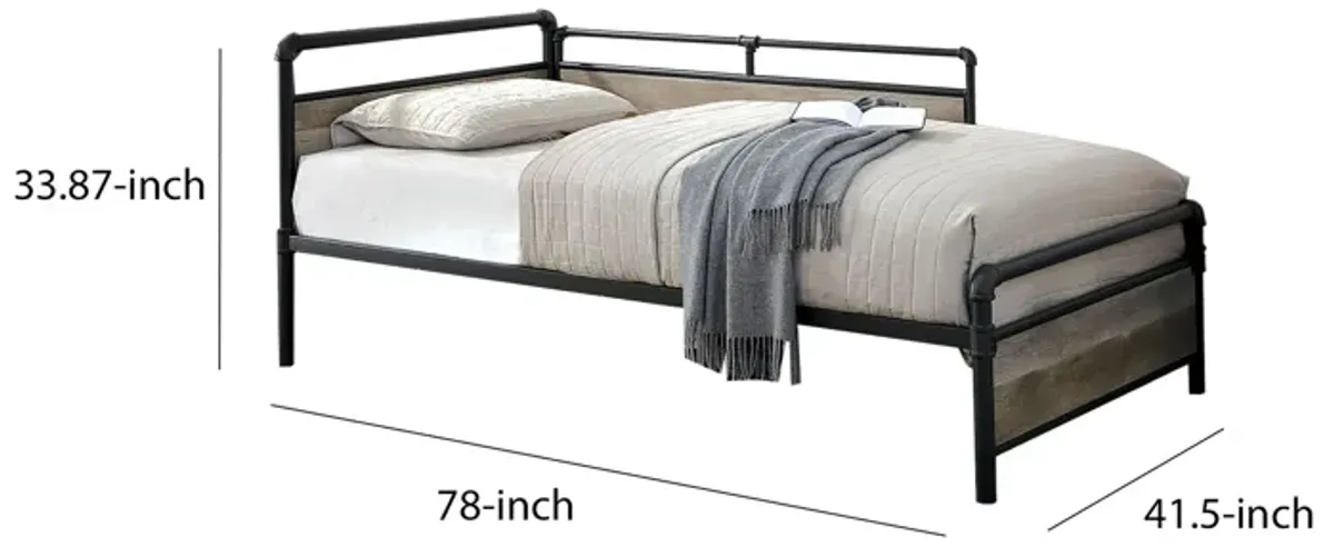 Industrial Pipe Design Metal Daybed with Wooden Panels, Black-Benzara