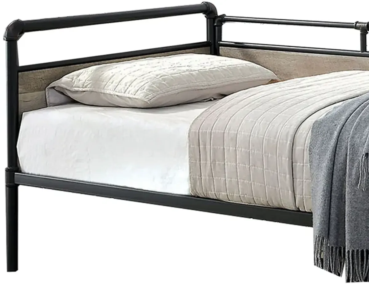 Industrial Pipe Design Metal Daybed with Wooden Panels, Black-Benzara