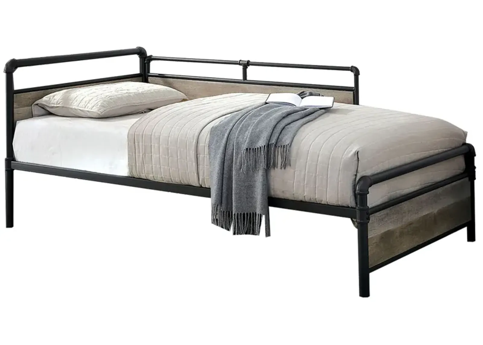 Industrial Pipe Design Metal Daybed with Wooden Panels, Black-Benzara