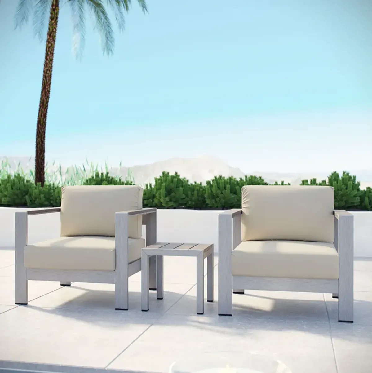 Shore 3 Piece Outdoor Patio Aluminum Set - Silver Beige