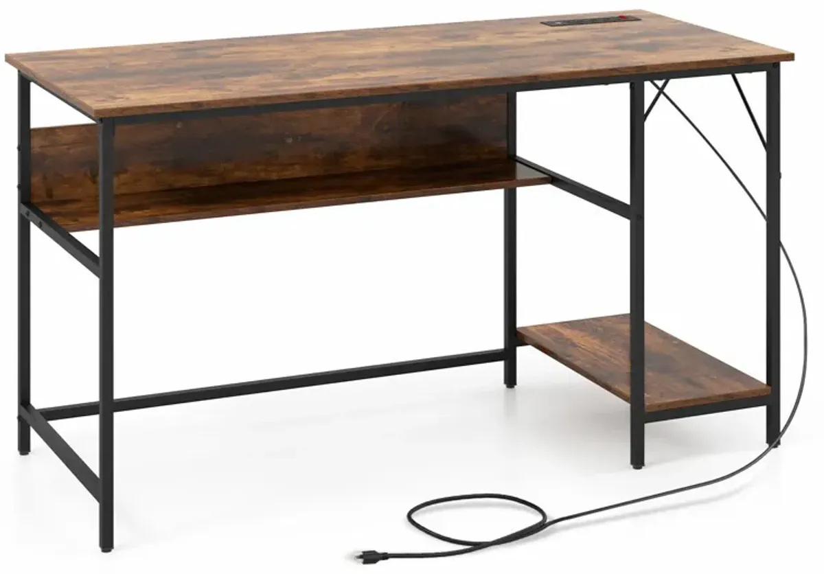 55 Inches Computer Desk with Charging Station-Brown