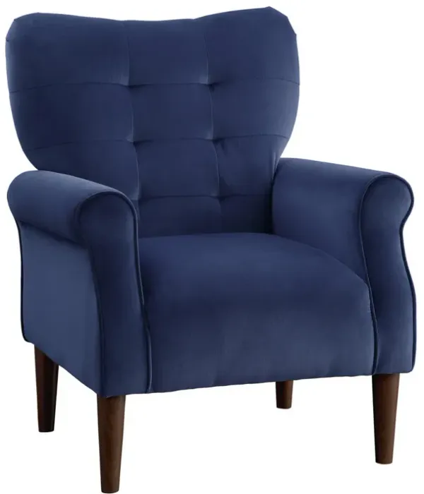 Kylie 32 Inch Accent Chair Armchair, Tufted Navy Blue Velvet, Solid Wood - Benzara