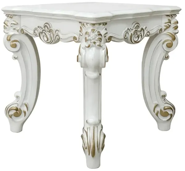 Jess 26 Inch Side End Table, Traditional Scrolled Legs, Brushed Gold, White - Benzara