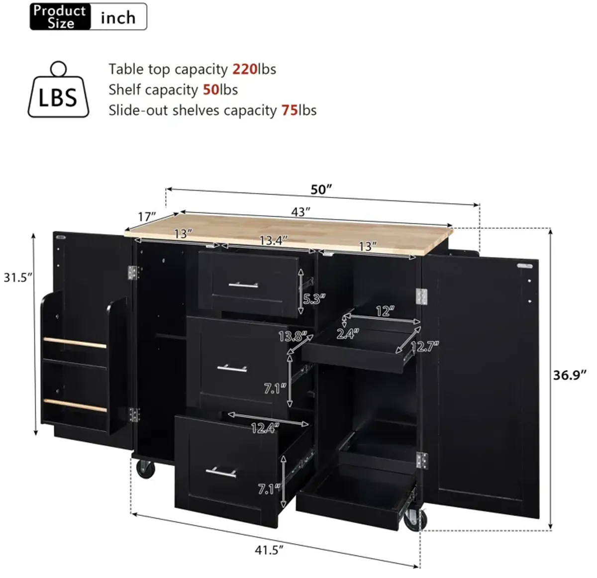 Rolling Kitchen Island with Storage, Kitchen Cart with Rubber Wood Top, 3 Drawer, 2 Slide-Out Shelf and Internal Storage Rack, Kitchen Island on Wheels with Spice Rack & Tower Rack