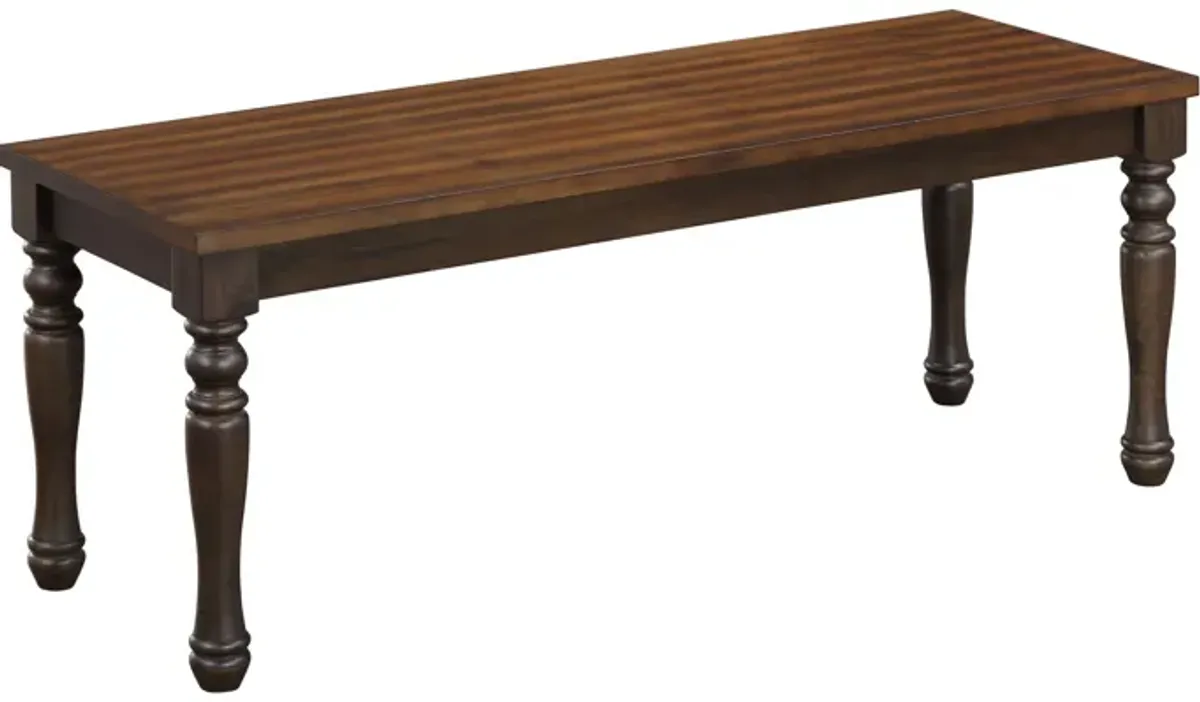 May 48 Inch Two Tone Dining Bench, Turned Legs, Rich Brown Wood Finish - Benzara