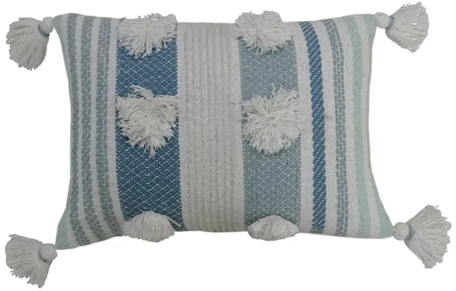 20" White and Blue Striped Rectangular Throw Pillow with Large Poms and Corner Tassels