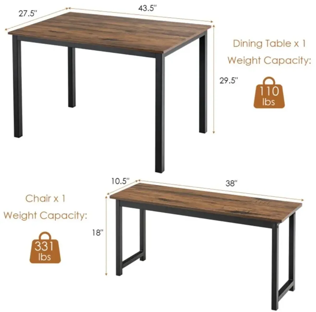 Hivvago 3 Pieces Dining Table Set with 2 Benches for Dining Room Kitchen Bar