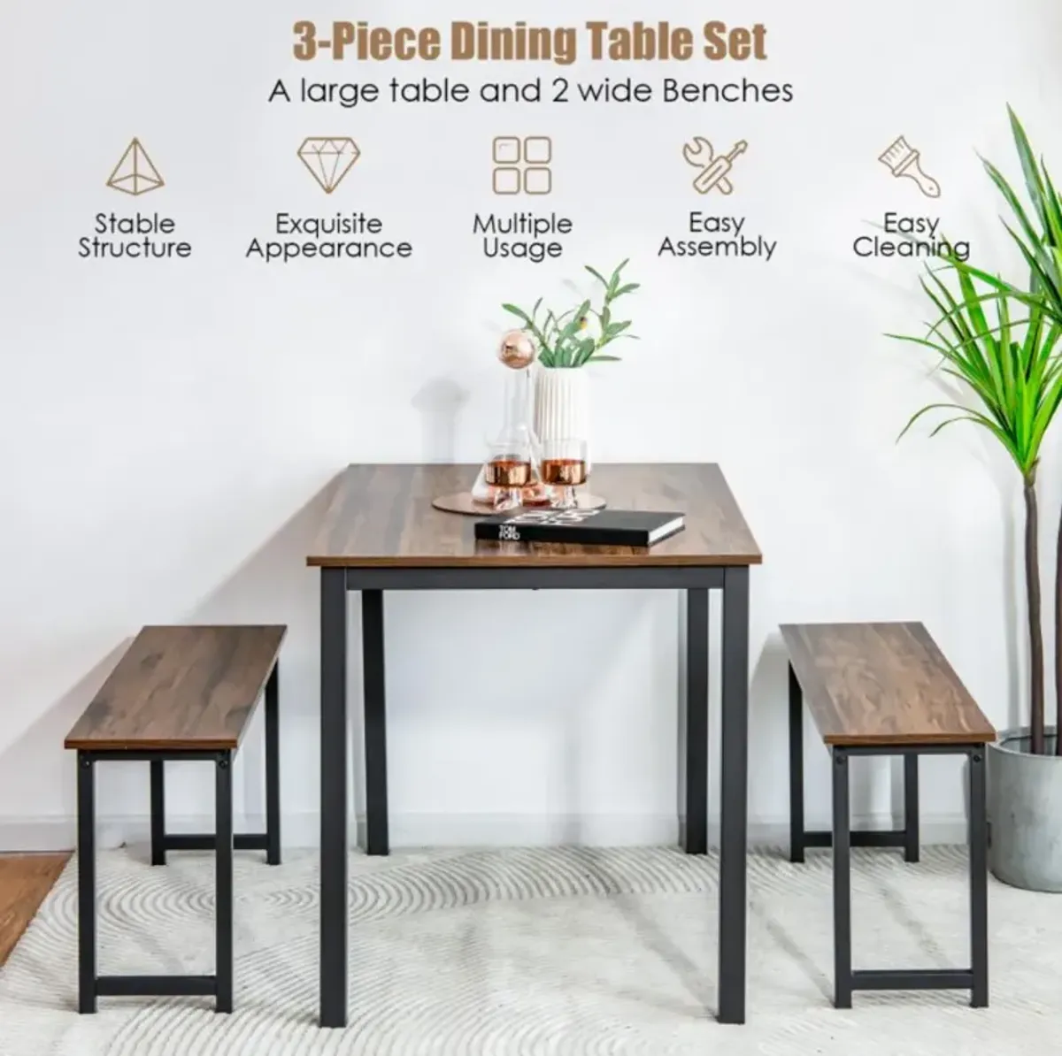 Hivvago 3 Pieces Dining Table Set with 2 Benches for Dining Room Kitchen Bar