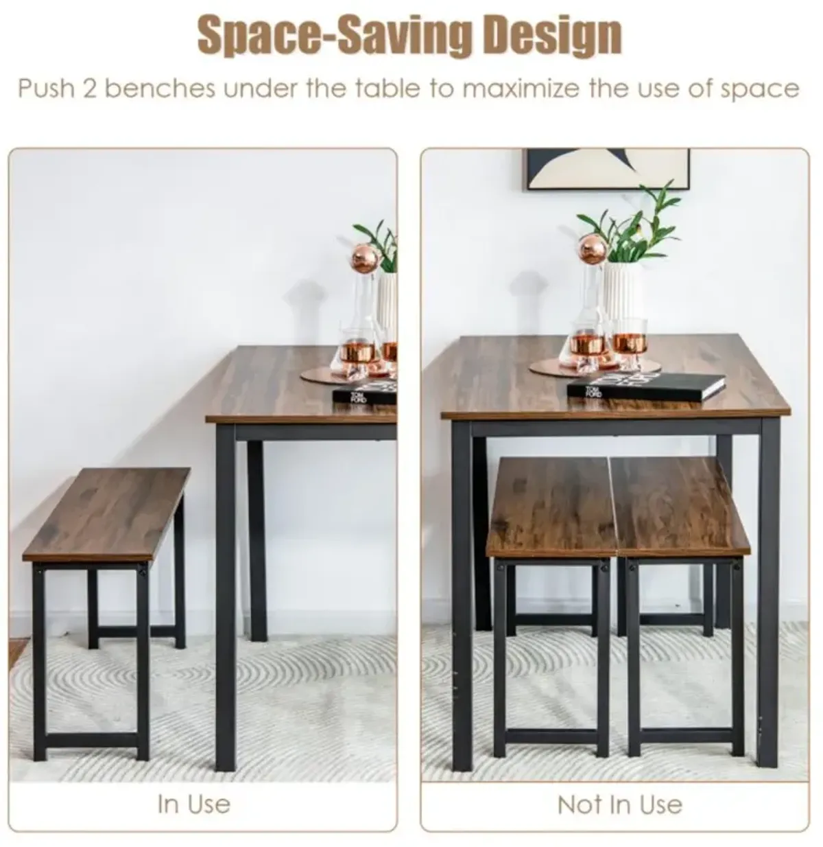 Hivvago 3 Pieces Dining Table Set with 2 Benches for Dining Room Kitchen Bar