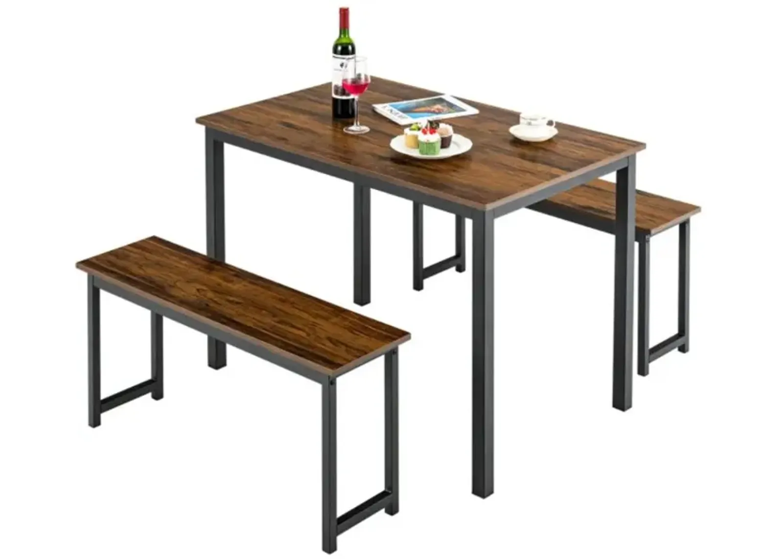 Hivvago 3 Pieces Dining Table Set with 2 Benches for Dining Room Kitchen Bar