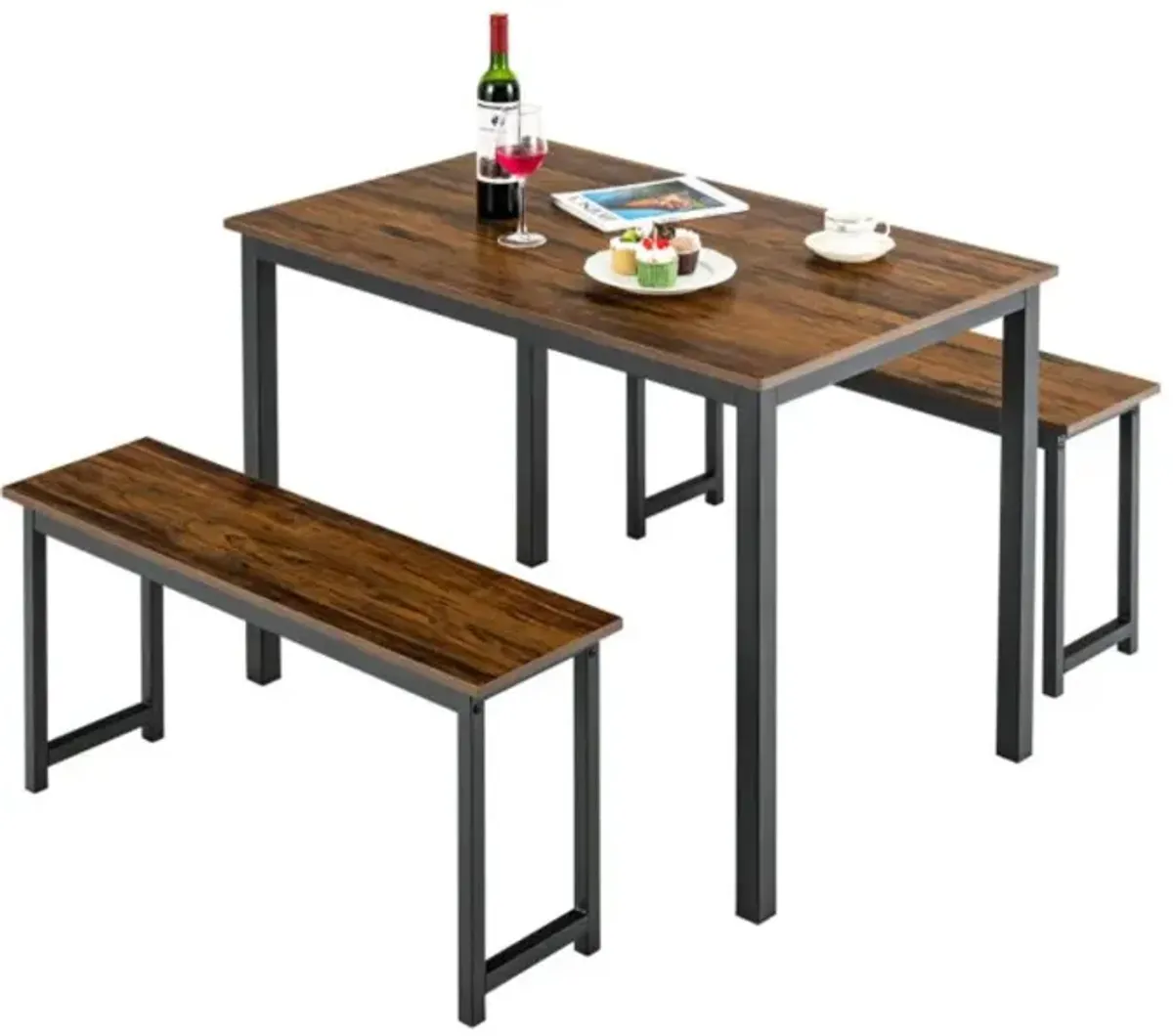 Hivvago 3 Pieces Dining Table Set with 2 Benches for Dining Room Kitchen Bar