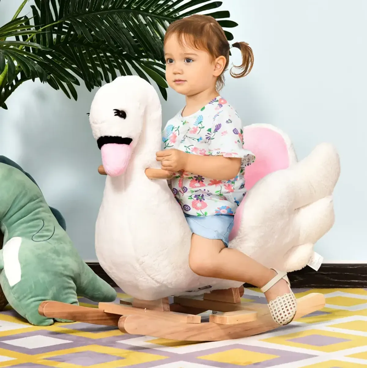 Elegant Avian Rocker: White/Pink Swan Rocking Horse with Music