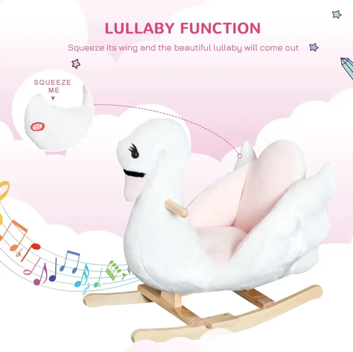 Elegant Avian Rocker: White/Pink Swan Rocking Horse with Music