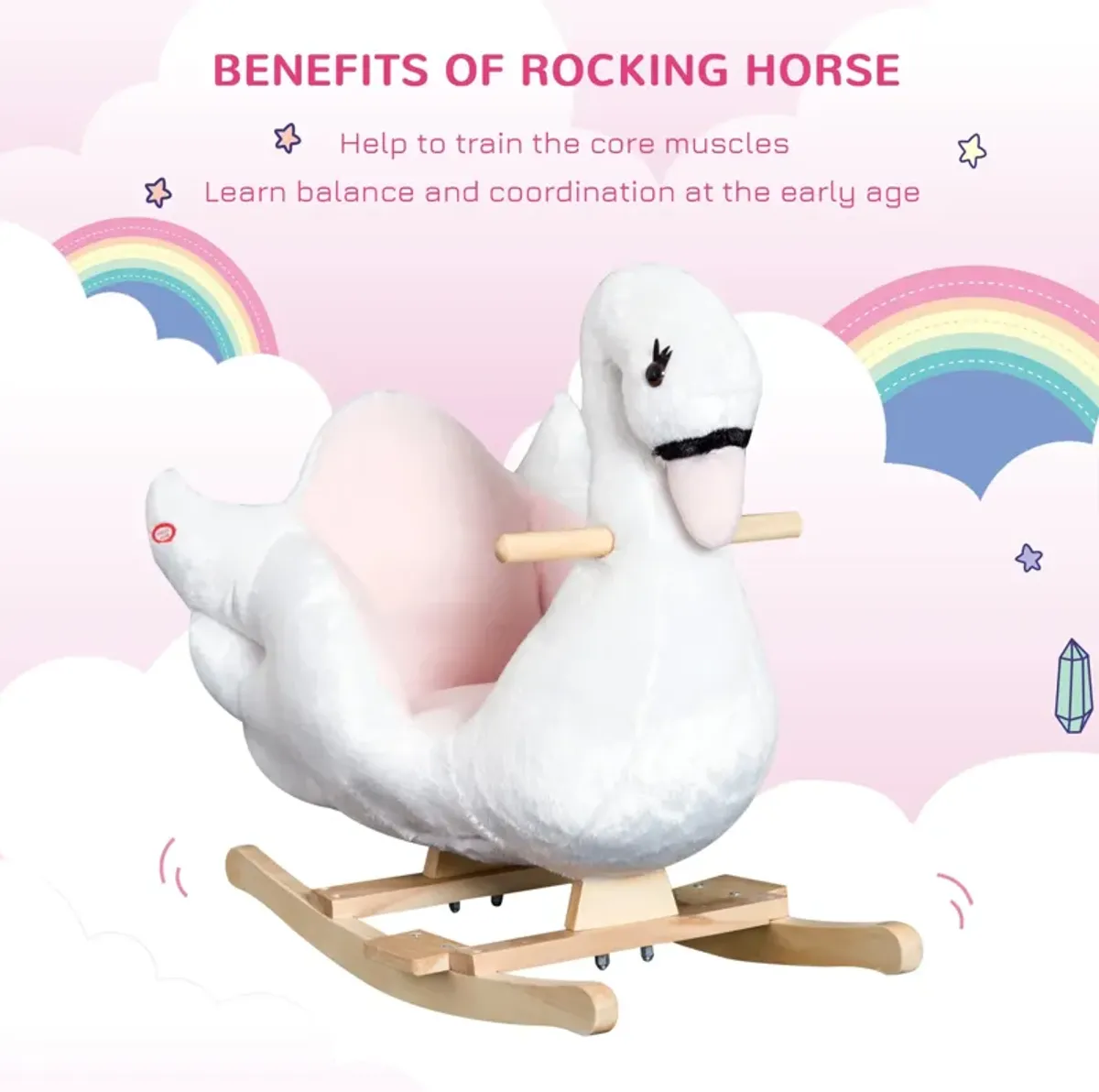 Elegant Avian Rocker: White/Pink Swan Rocking Horse with Music