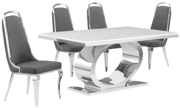 5pc Small(68") marble top dining set with silver base and 4 Dark grey chairs