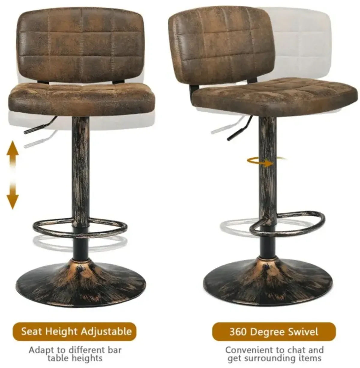 Hivvago Set of 2 Vintage Bar Stools with Adjustable Height and Footrest