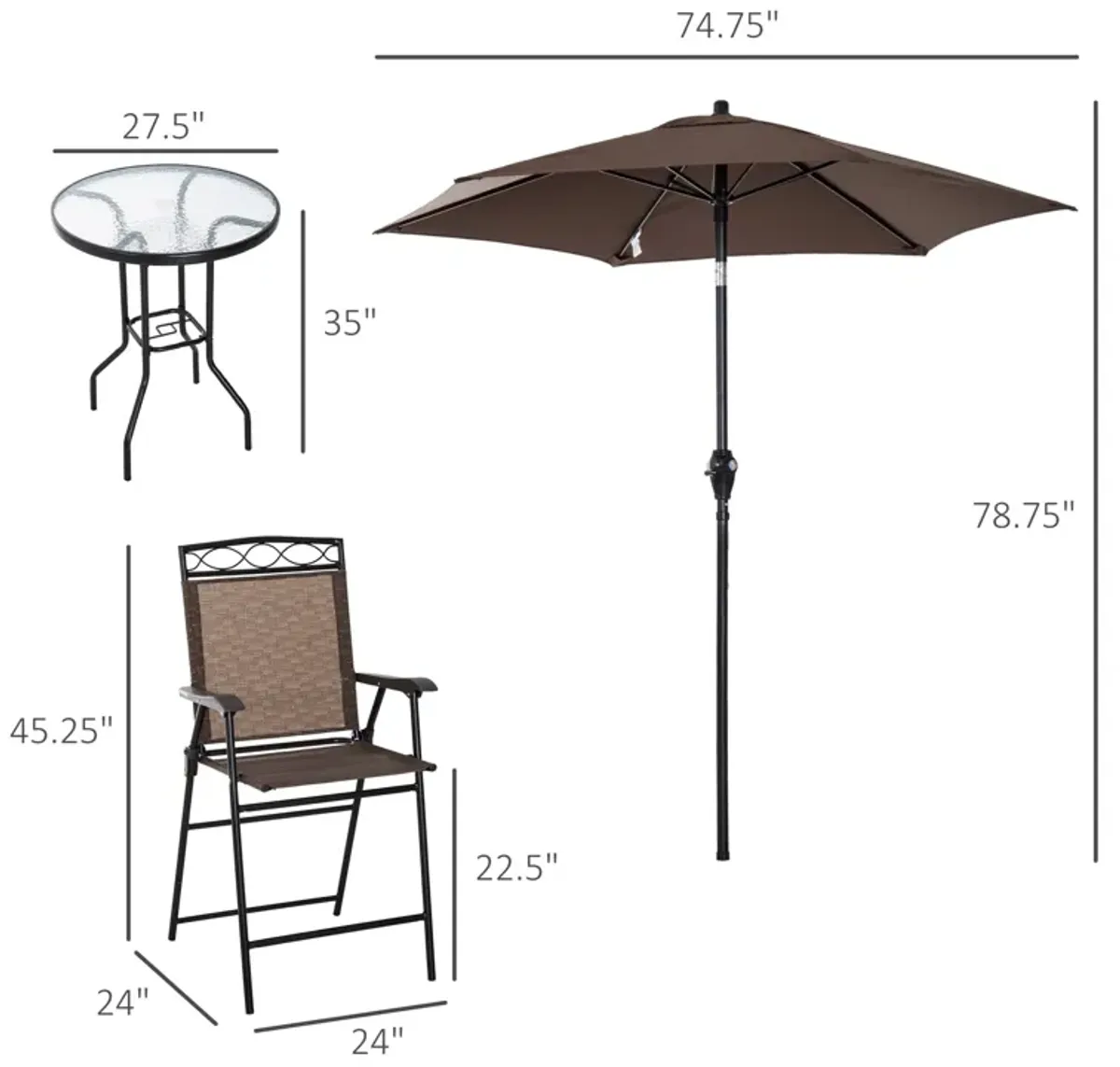 Brown Bistro Duo: 2-Person Patio Bar Set with Tilting Umbrella