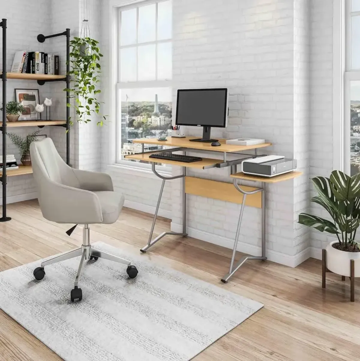 Compact Computer Desk With Side Shelf And Keyboard Panel. Color: Cherry