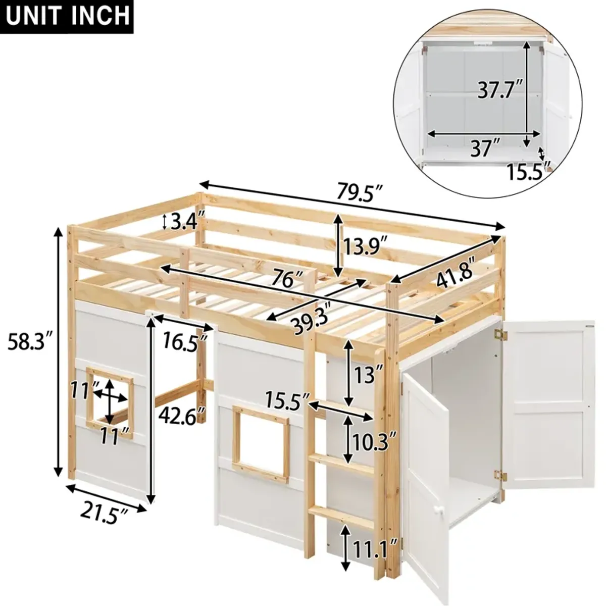 Merax Loft Bed with Storage Wardrobe and 2 Windows