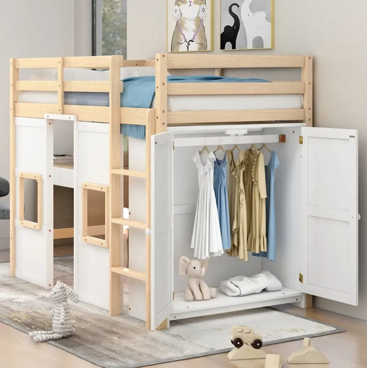 Merax Loft Bed with Storage Wardrobe and 2 Windows