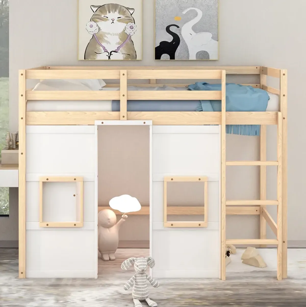 Merax Loft Bed with Storage Wardrobe and 2 Windows