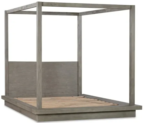 Nels California King Canopy Bed, Low Profile, Mitered Edges, Mineral Gray  - Benzara