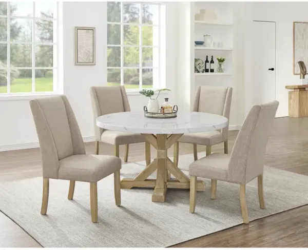 Best Quality Furniture 5Pc Faux Marble Table With 4 Rustic Beige Fabric Side Chairs