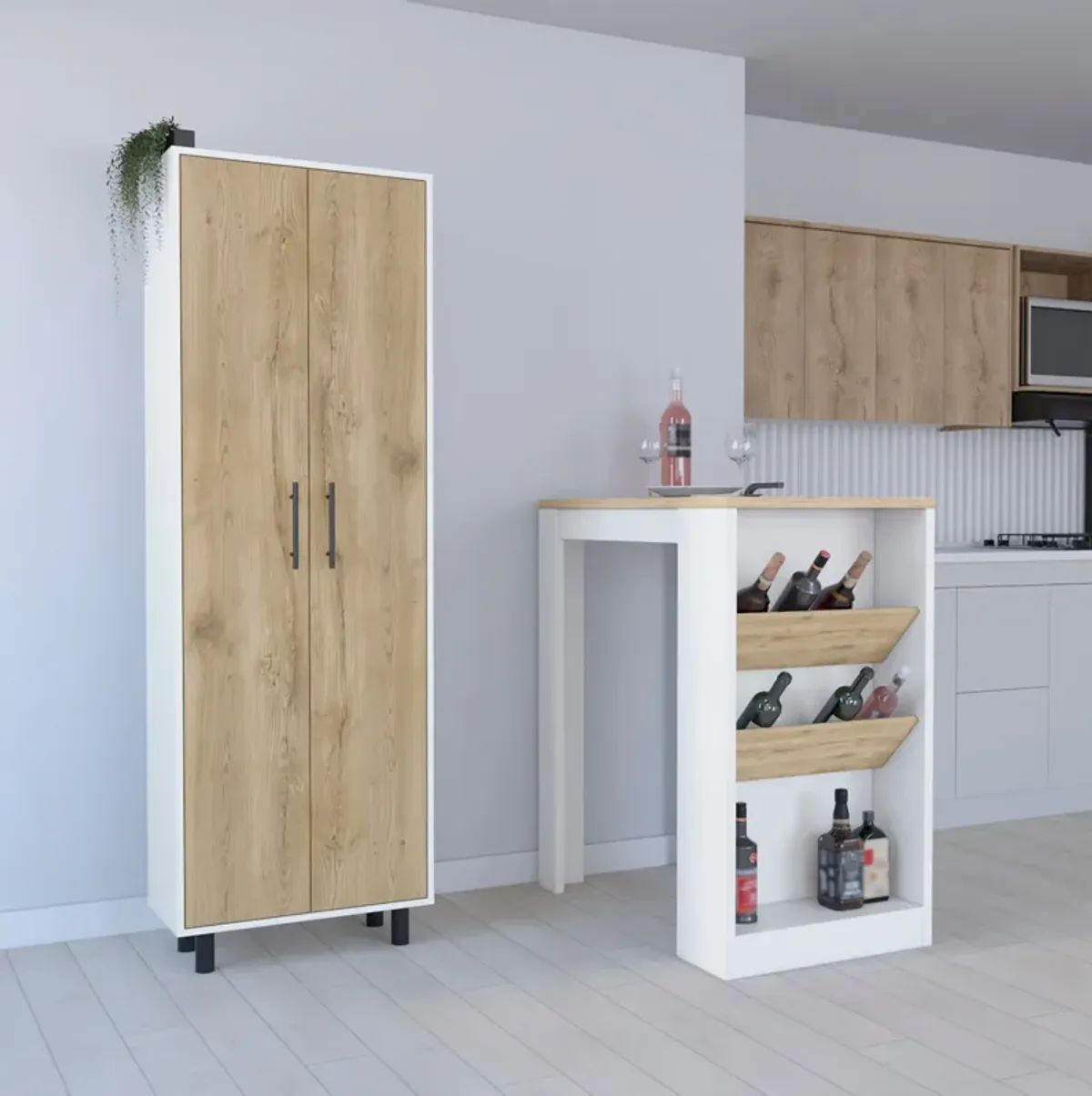 Reston 2 Piece Kitchen Set, Kitchen Island + Pantry Cabinet, White / Light Oak