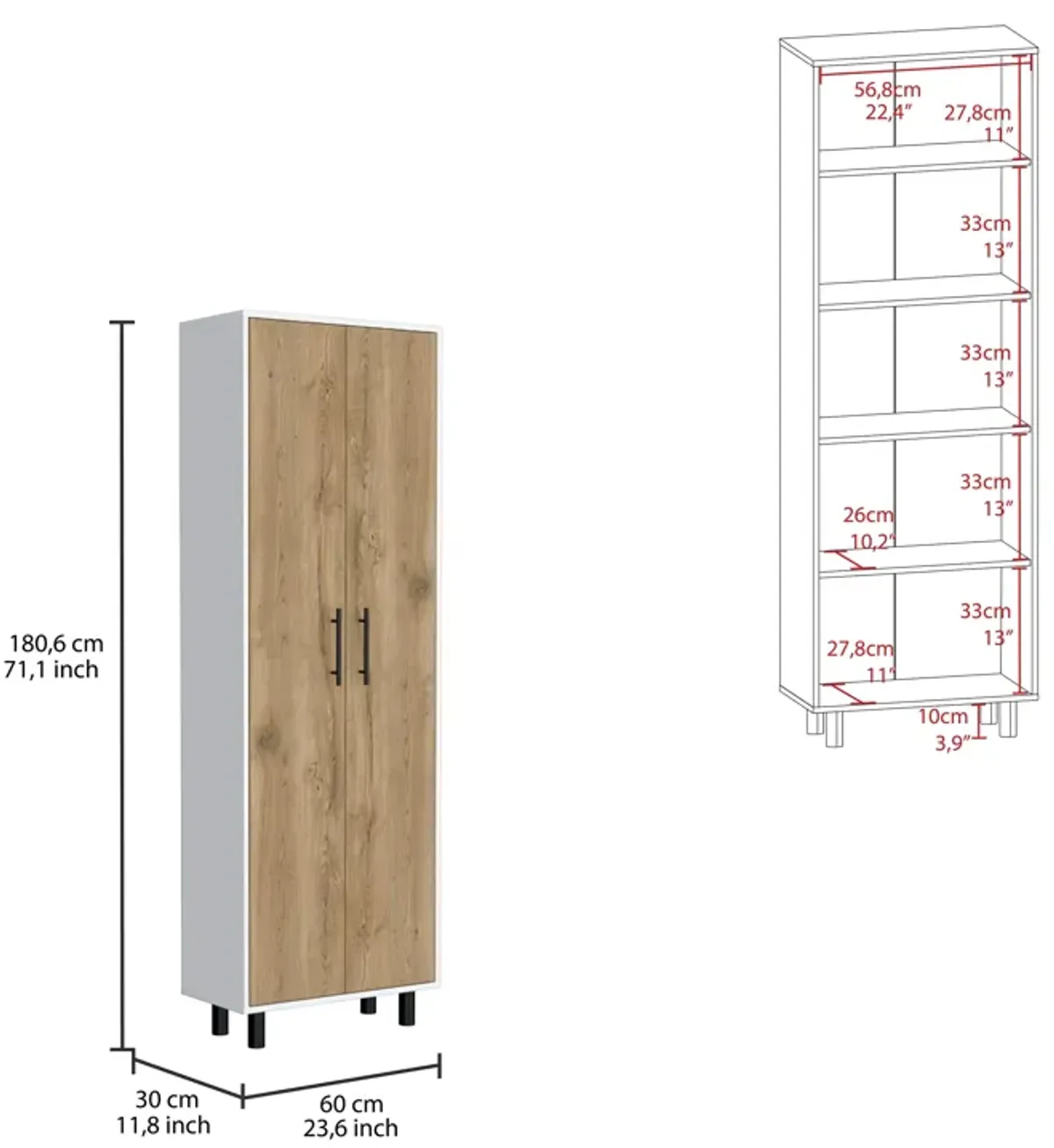 Reston 2 Piece Kitchen Set, Kitchen Island + Pantry Cabinet, White / Light Oak