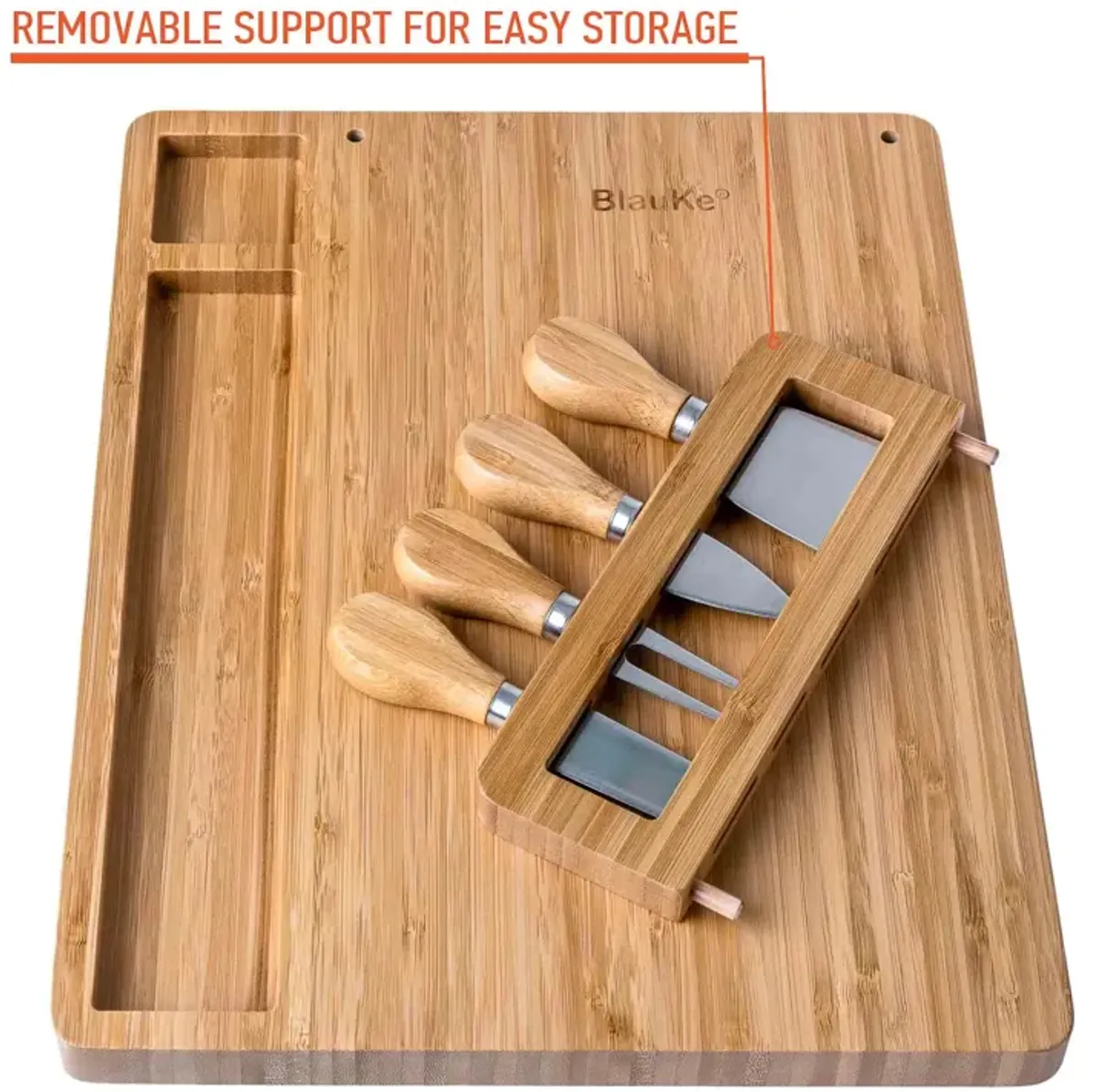 Bamboo Cheese Board and Knife Set - 14x11 inch Charcuterie Board with 4 Cheese Knives - Wood Serving Tray