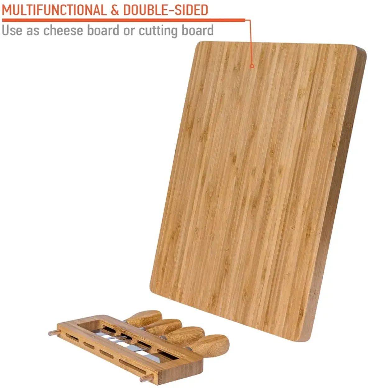 Bamboo Cheese Board and Knife Set - 14x11 inch Charcuterie Board with 4 Cheese Knives - Wood Serving Tray