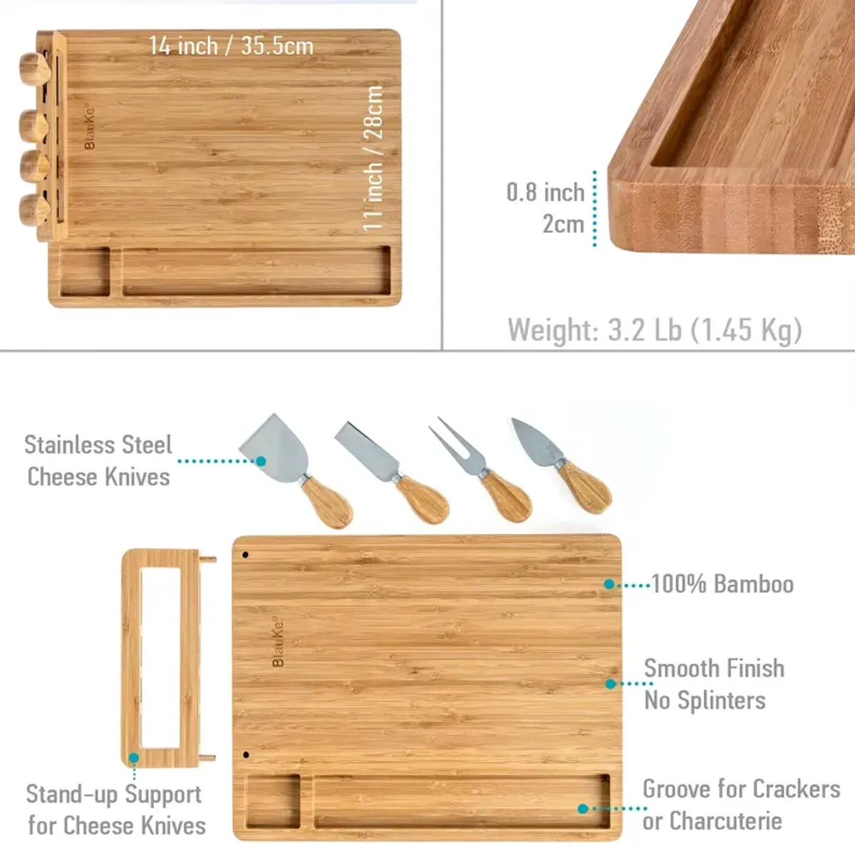 Bamboo Cheese Board and Knife Set - 14x11 inch Charcuterie Board with 4 Cheese Knives - Wood Serving Tray