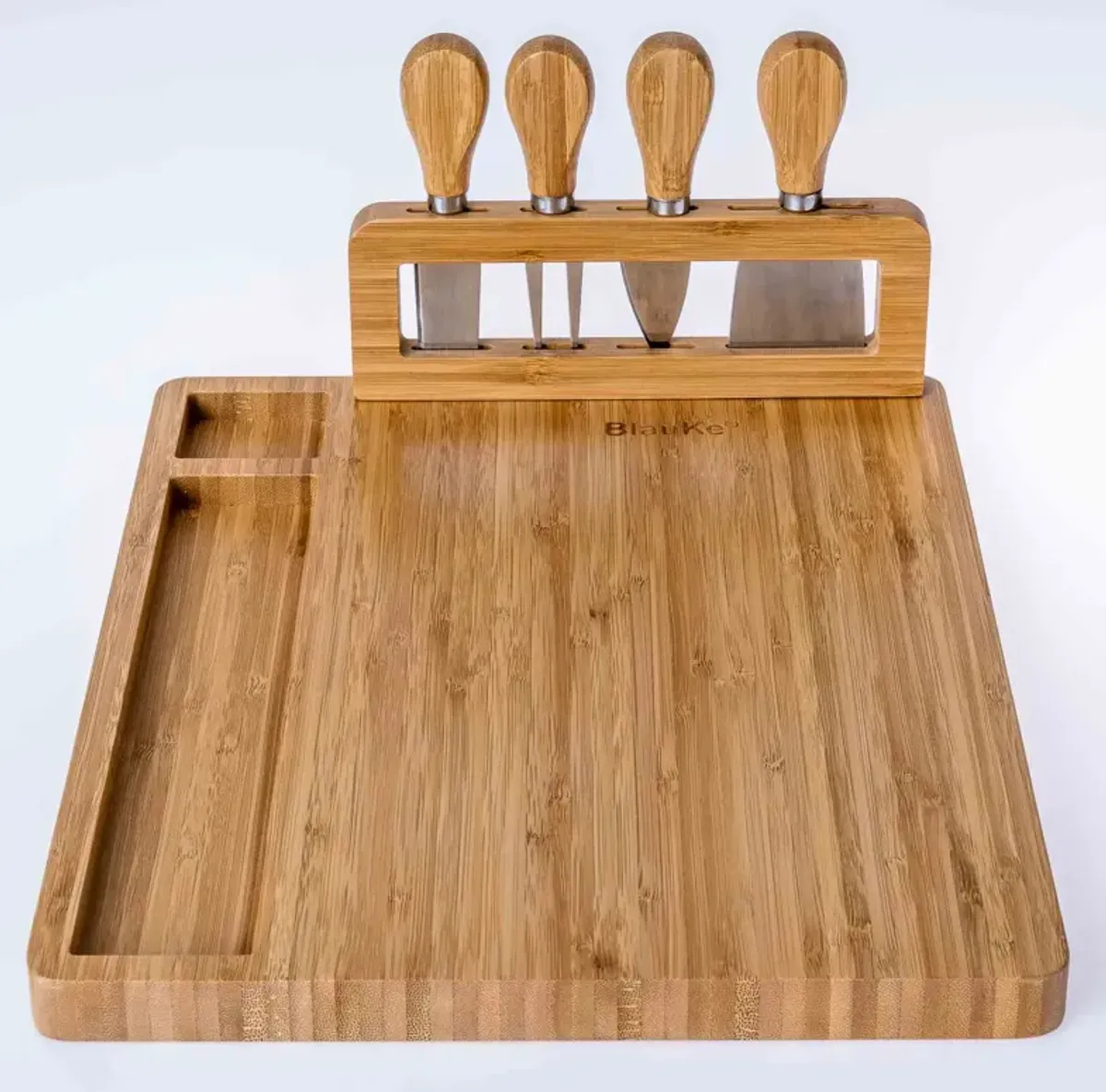 Bamboo Cheese Board and Knife Set - 14x11 inch Charcuterie Board with 4 Cheese Knives - Wood Serving Tray