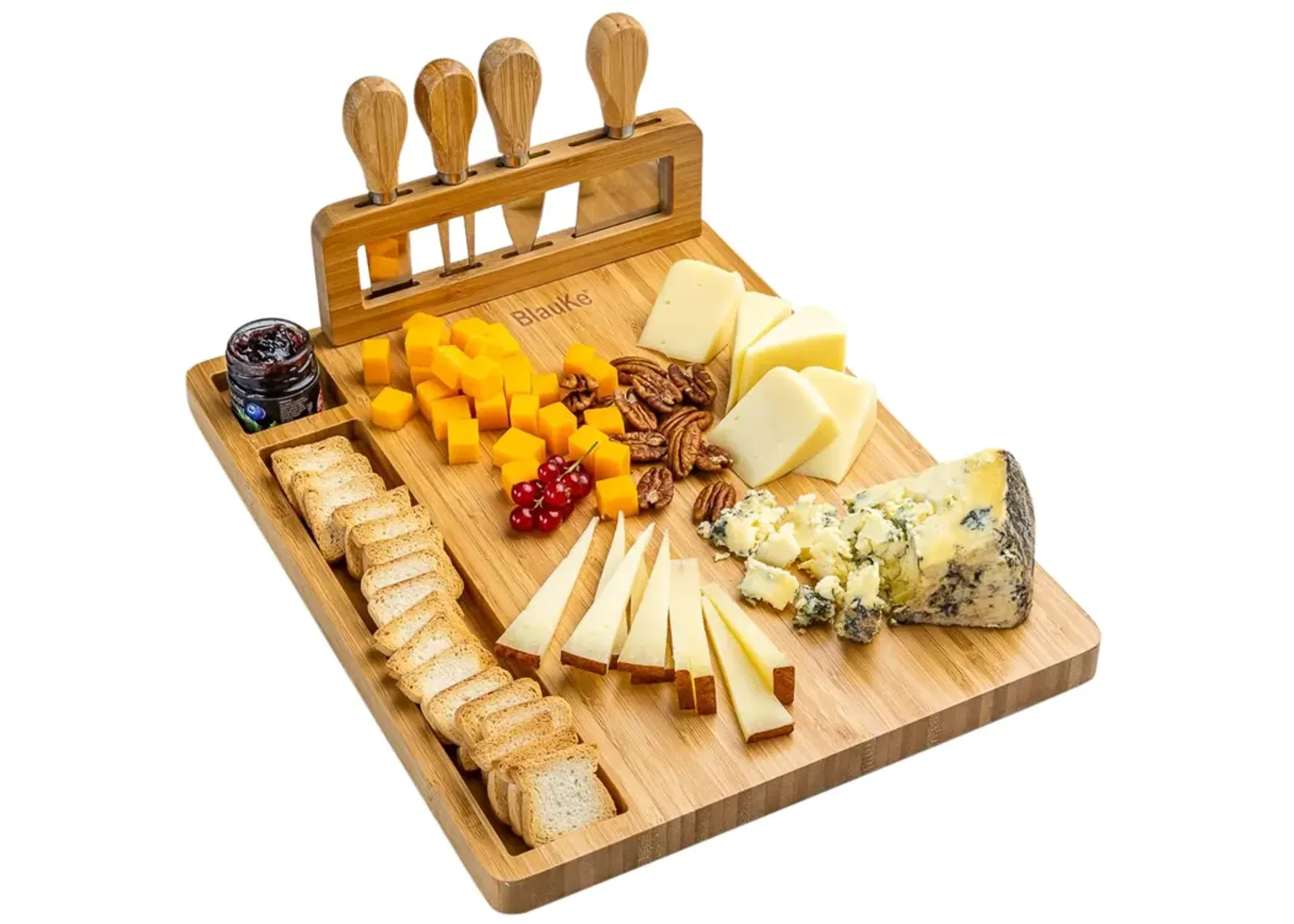 Bamboo Cheese Board and Knife Set - 14x11 inch Charcuterie Board with 4 Cheese Knives - Wood Serving Tray