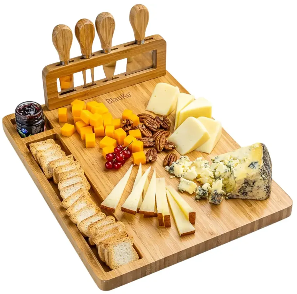 Bamboo Cheese Board and Knife Set - 14x11 inch Charcuterie Board with 4 Cheese Knives - Wood Serving Tray