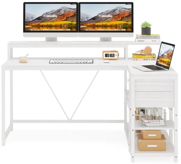 Tribesigns L Shaped Desk with Drawers and Storage Shelves, Home Office L Corner Desk with Monitor Stand, 55" x 24" Desktop Computer Desk, Gaming Desk Study Desk for Small Space (White)