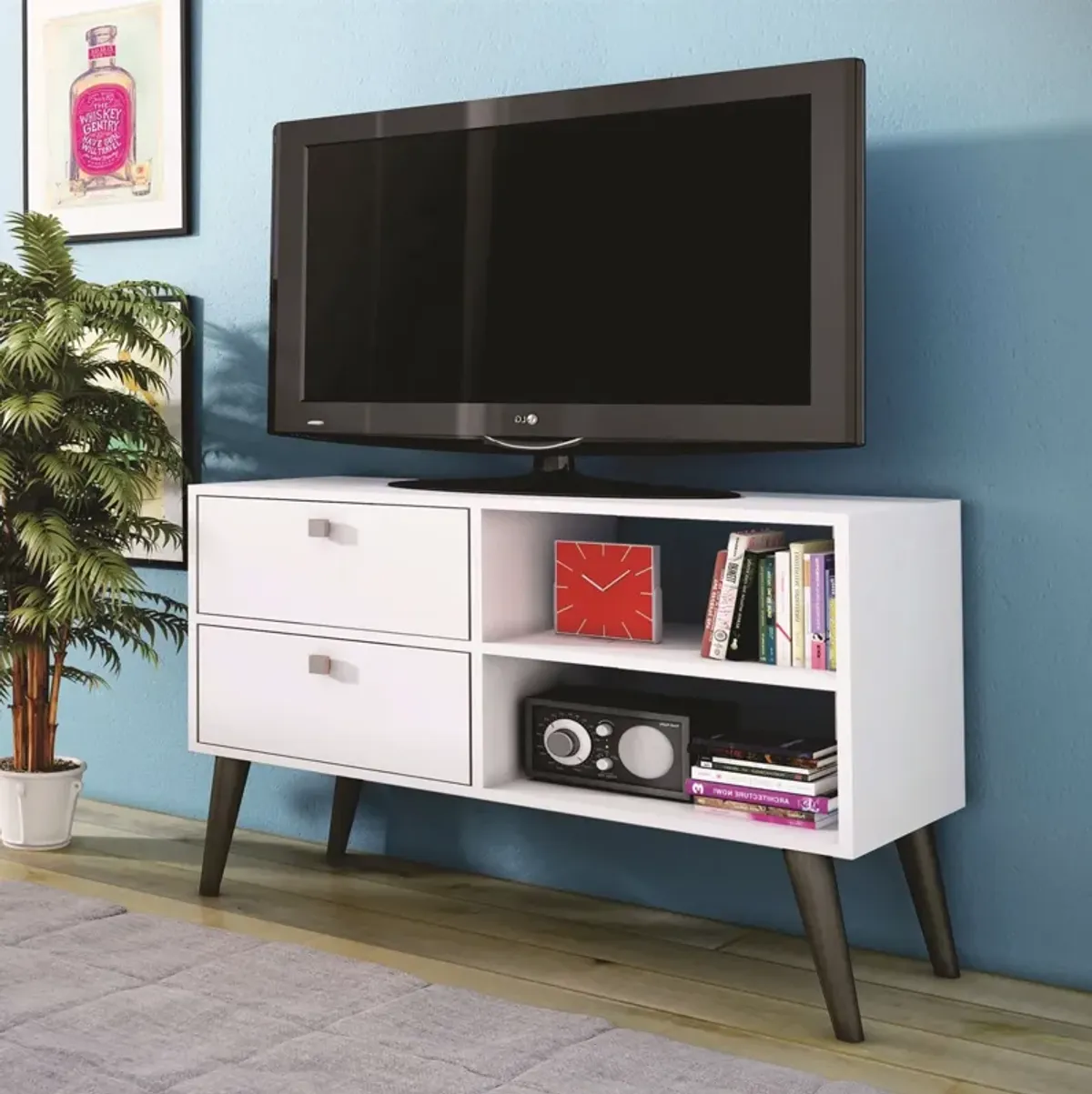 Hivvago White Grey Wood Modern Classic Mid-Century Style TV Stand Entertainment Center