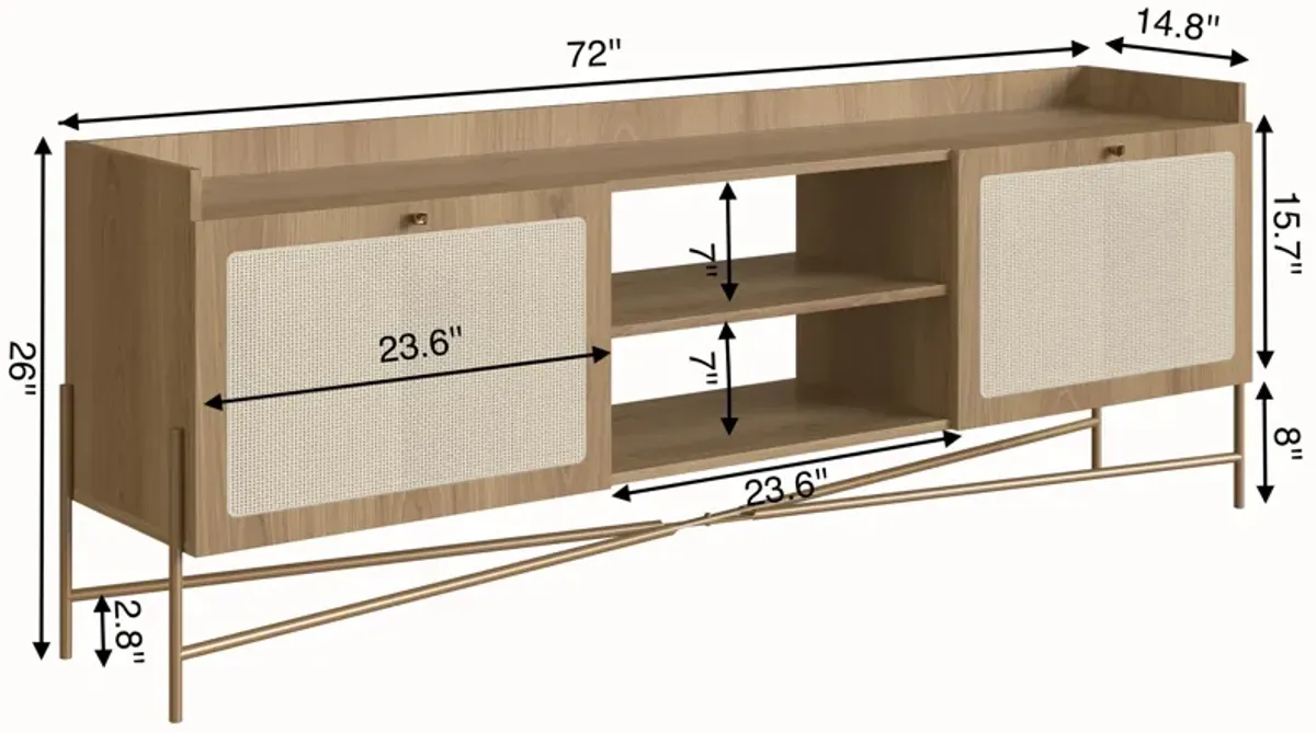 Boho 72" Tv Stand for up to 80" Tv's  Iron Gold Legs and Rattan 2 Door-Coastal Oak