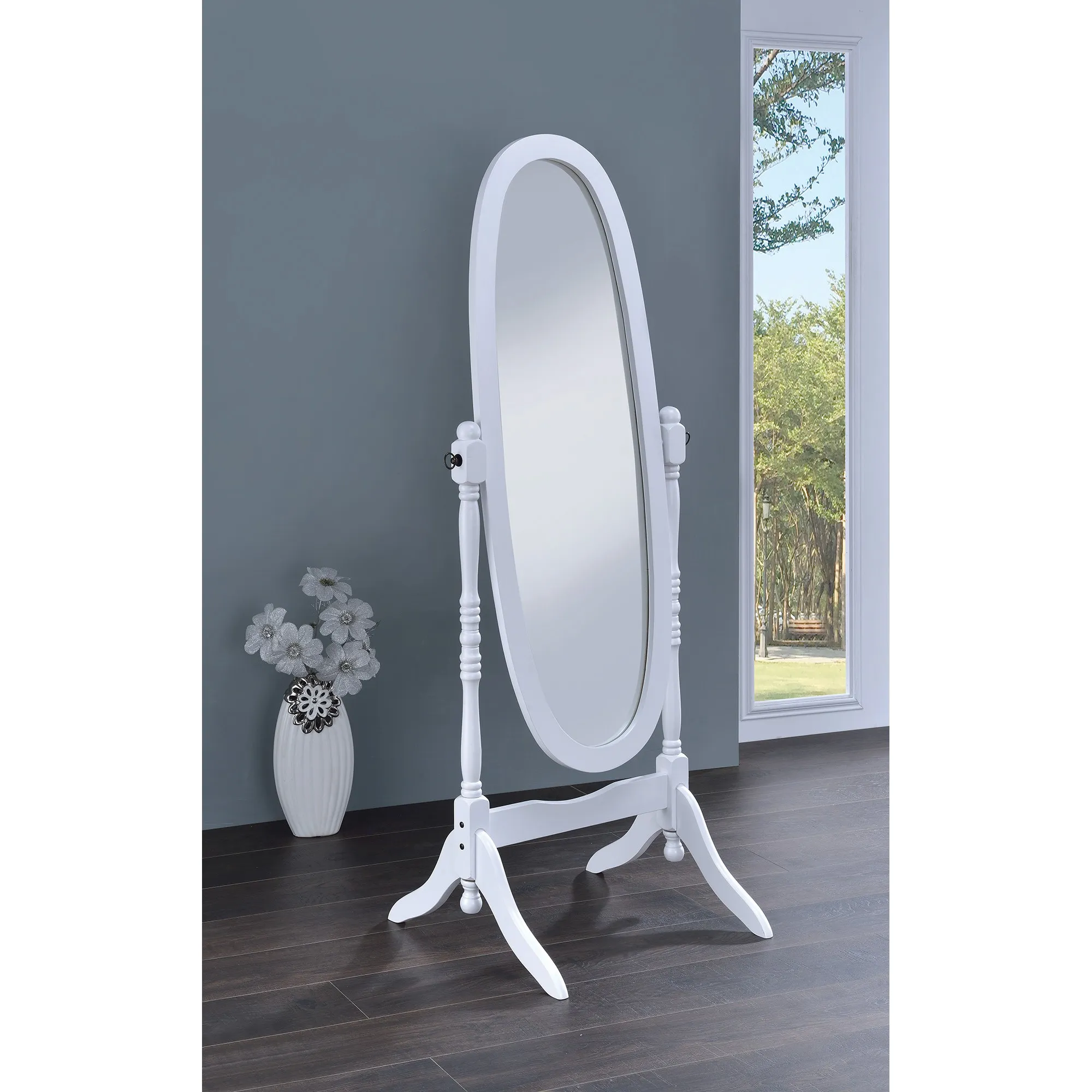 Traditional Oval Shaped Cheval Mirror, White - Benzara